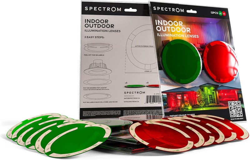 SPECTROM Illumination Lenses for Pot Lights & Recessed Lighting | Instant Colour Change, Tool-Free Setup, Reusable & Eco-Friendly, Any Event, Easy Peel & Press Application (Red (6pcs) & Green (6pcs)) - Image 1